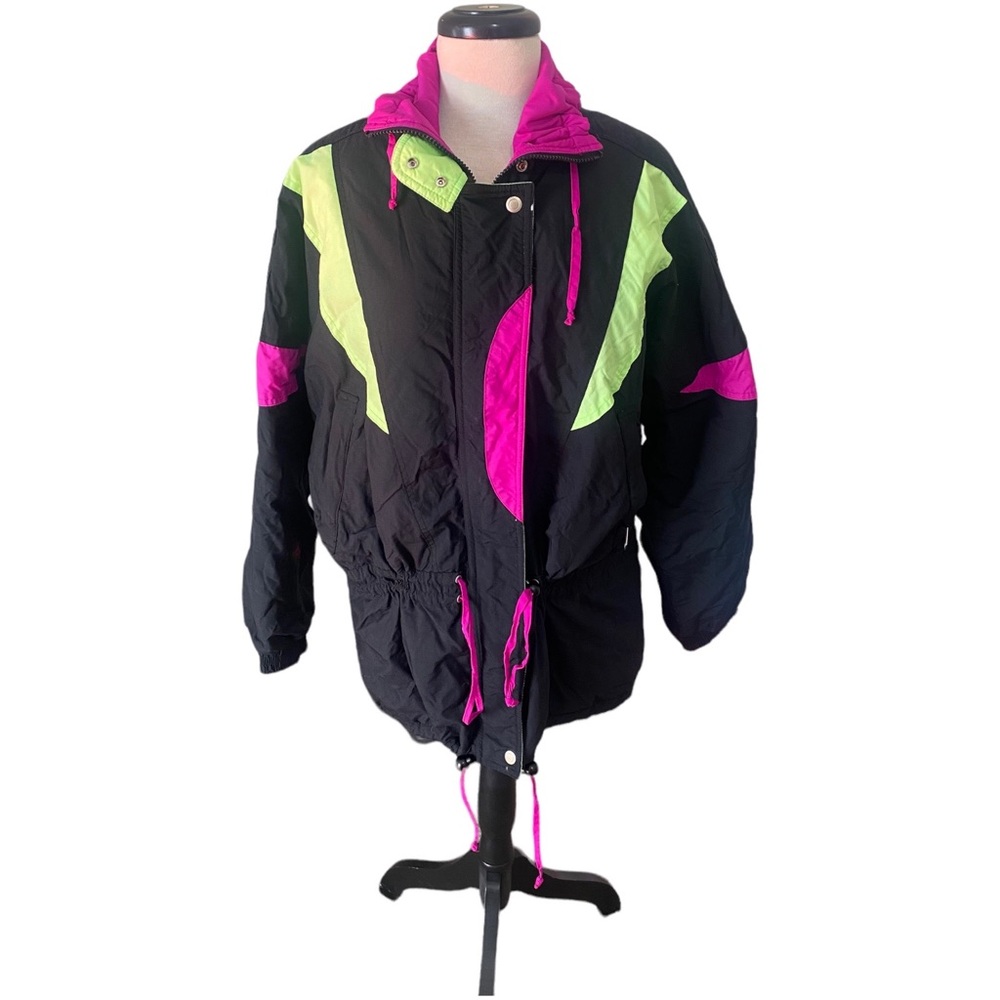 VTG Retro Cornice Color Block Black Purple & Neon Green Ski Jacket Ladies Sz M